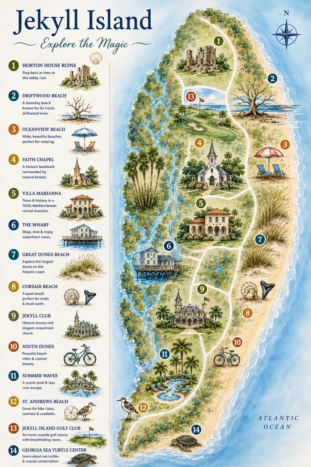 Illustrated map of Jekyll Island with 14 points of interest