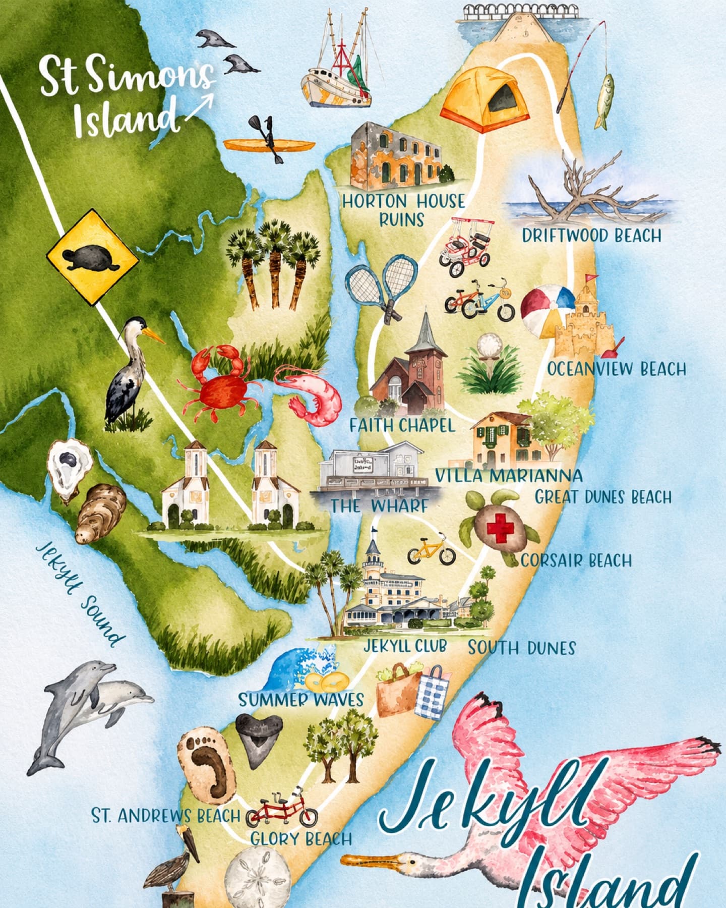 Illustrated watercolor map of Jekyll Island, Georgia