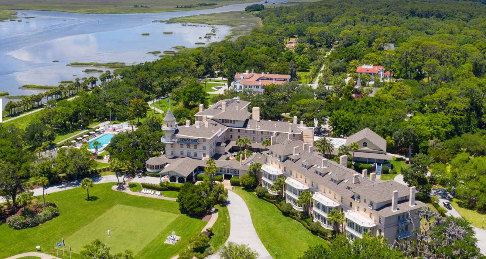 Aerial view of the Jekyll Island Club Resort on the river