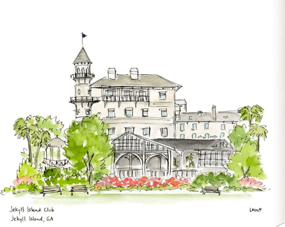 Watercolor illustration of the Jekyll Island Club Resort