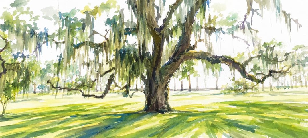 Watercolor illustration — Jekyll Island Club · Beneath the Oak by the River